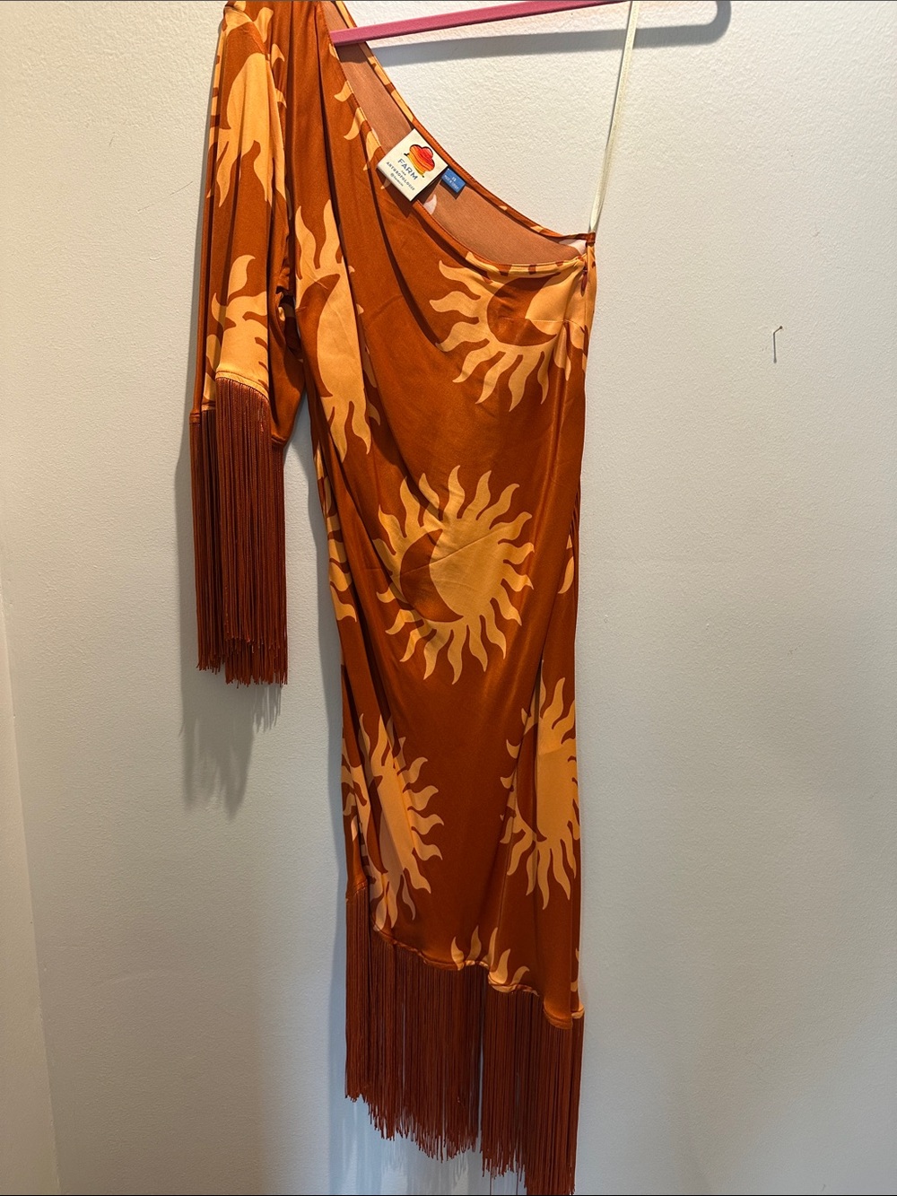 Anthropologie FARM Sunset Print One-Shoulder Dress in Rust